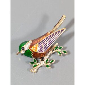 Retro Green Brown Enamel Rhinestone Bird on Branch Brooch Pin